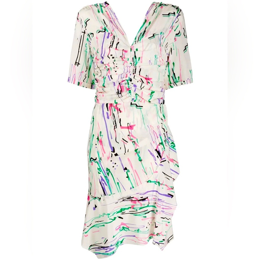 ISABEL MARANT Arodie Ruffled Colorful Abstract Print Dress Artsy Size 40
